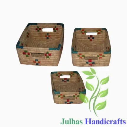 DATE LEAF RECTANGLER BASKET WITH CUTOUT HANDLE MANUFACTURER AND EXPORTER JULHAS HANDICRAFTS BANGLADESH