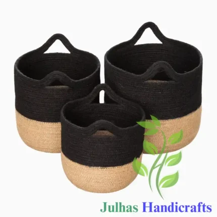 JUTE ROPE ROUND U-SHAPE CYLINDER WITH HANDLE BLACK & NATURAL MANUFACTURER AND EXPORTER JULHAS HANDICRAFTS BANGLADESH