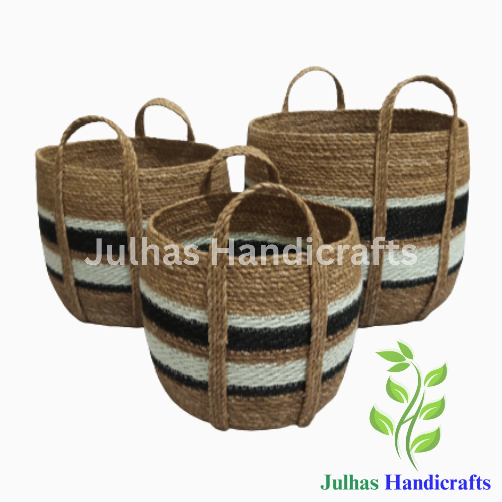 U-Shap Basket With Long Handle Black & White Stripe JH U-SHAP BASKET WITH LONG HANDLE - Image 1