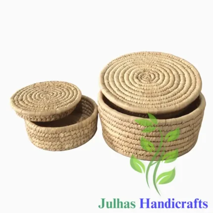 Date Leaf Round Box With Lid MANUFACTURER AND EXPORTER JULHAS HANDICRAFTS BANGLADESH
