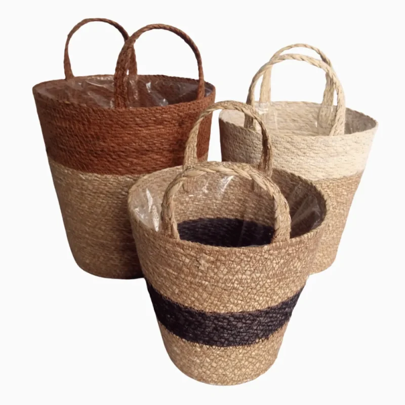 ROUND BALTI BROWN, WHITE, BLACK, NATURAL WITH HANDLE & PLASTIC LINING MANUFACTURER AND EXPORTER JULHAS HANDICRAFTS BANGLADESH