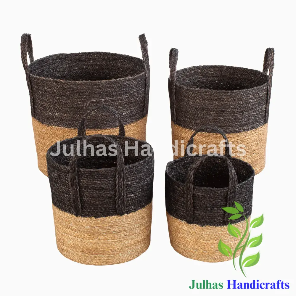 ROUND CYLINDER TOP BLACK & BOTTOM NATURAL WITH HANDLE JH SEA GRASS ROUND CYLINDER WITH HANDLE - Image 1
