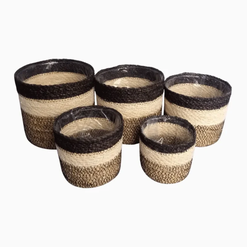 ROUND PLANTER BLACK, WHITE & NATURAL WITH PLASTIC LINING MANUFACTURER AND EXPORTER JULHAS HANDICRAFTS BANGLADESH