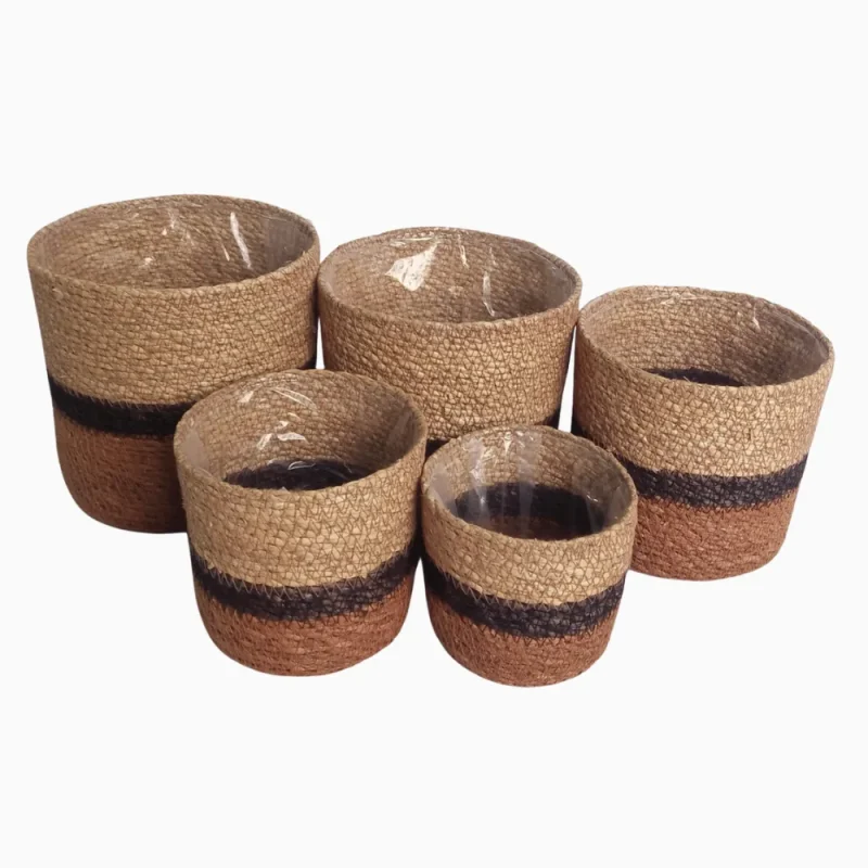 ROUND PLANTER BROWN, BLACK & NATURAL WITH PLASTIC LINING MANUFACTURER AND EXPORTER JULHAS HANDICRAFTS BANGLADESH