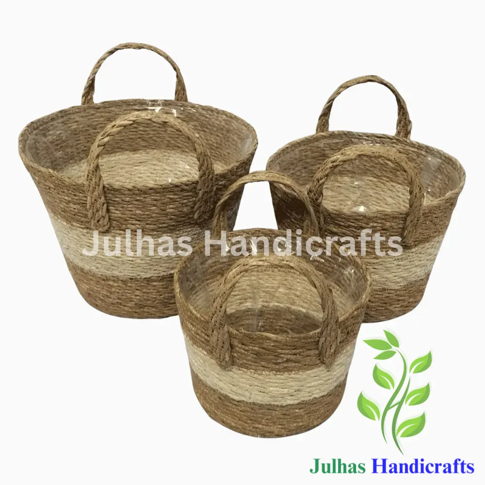 ROUND PLANTER WITH HANDLE & PLASTIC LINING (JH SEA GRASS ROUND PLANTER - Image 1