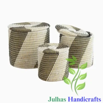 KANS GRASS and PLATIC ROUND TIFFIN BASKET WITH LID MANUFACTURER AND EXPORTER JULHAS HANDICRAFTS BANGLADESH