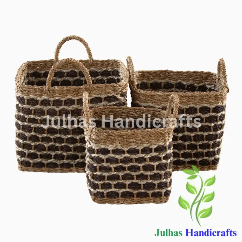 SEA GRASS & JUTE SQUARE LOG BASKET WITH HANDLE