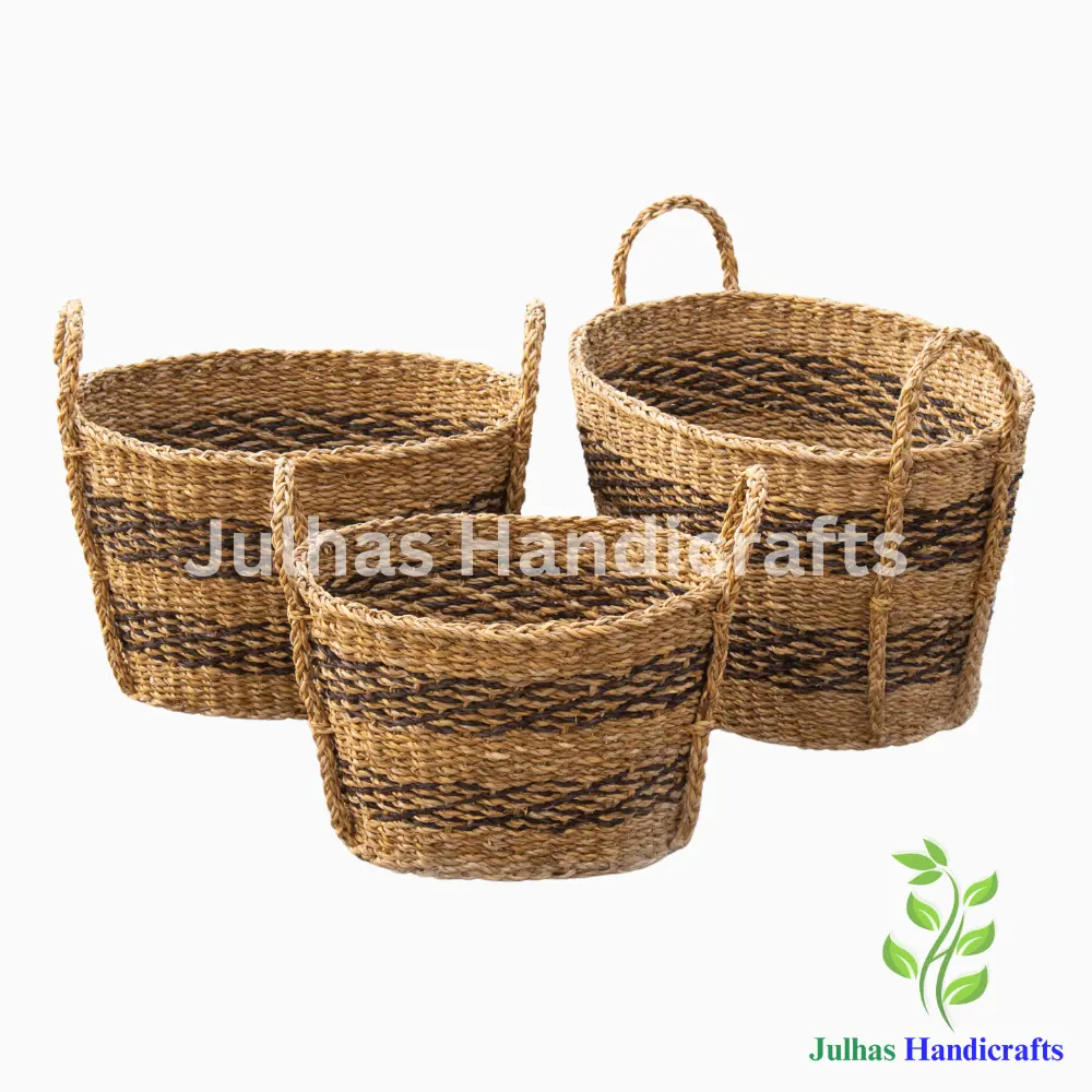 WEAVING DESIGN OVAL BASKET WITH LONG HANDLE (JH) SEA GRASS WEAVING DESIGN OVAL BASKET - Image 1